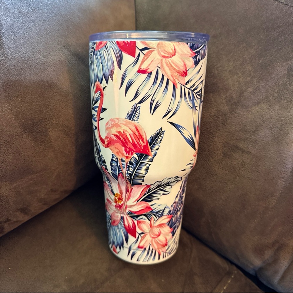 Insulated Floral Flamingo Tumbler - Pink & Blue